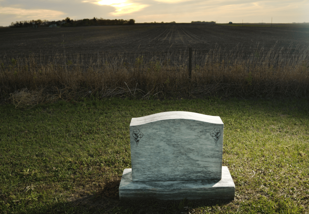 Image of a headstone in a green cemetery with a sunset over the hills in the background on Tegeler's website