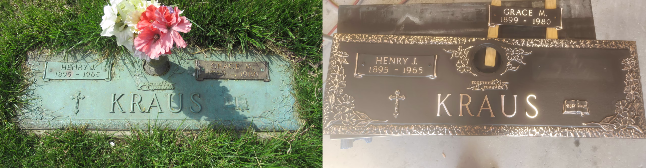 Before and after comparison demonstrating how cleaning revived the details and lettering on a bronze cemetery marker