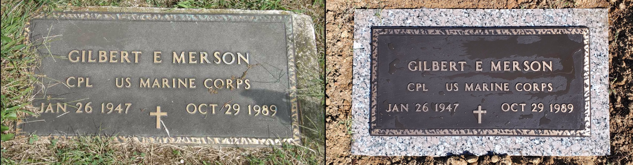 Side-by-side image displaying a memorial’s transformation from heavily weathered to clean and legible