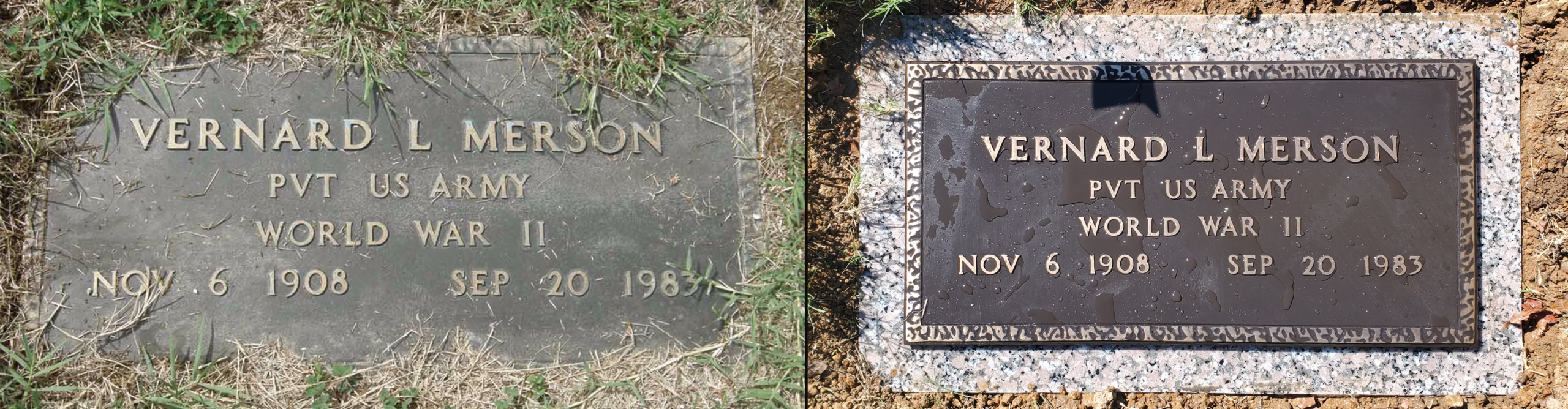 Before and after images of a cemetery marker, highlighting the dramatic improvement after cleaning